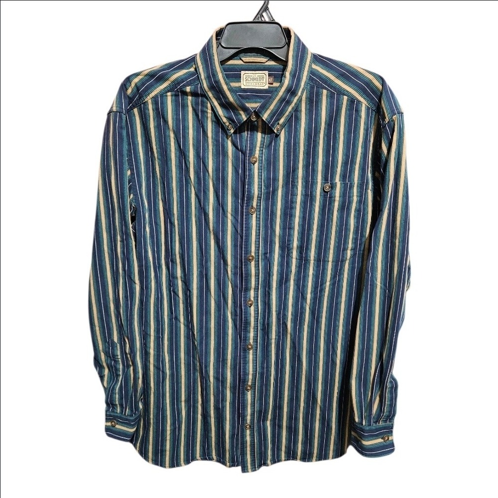 CE Schmidt Workwear Mens XLT Tall Vertical Striped Button Down Shirt Blue Green - Picture 2 of 8